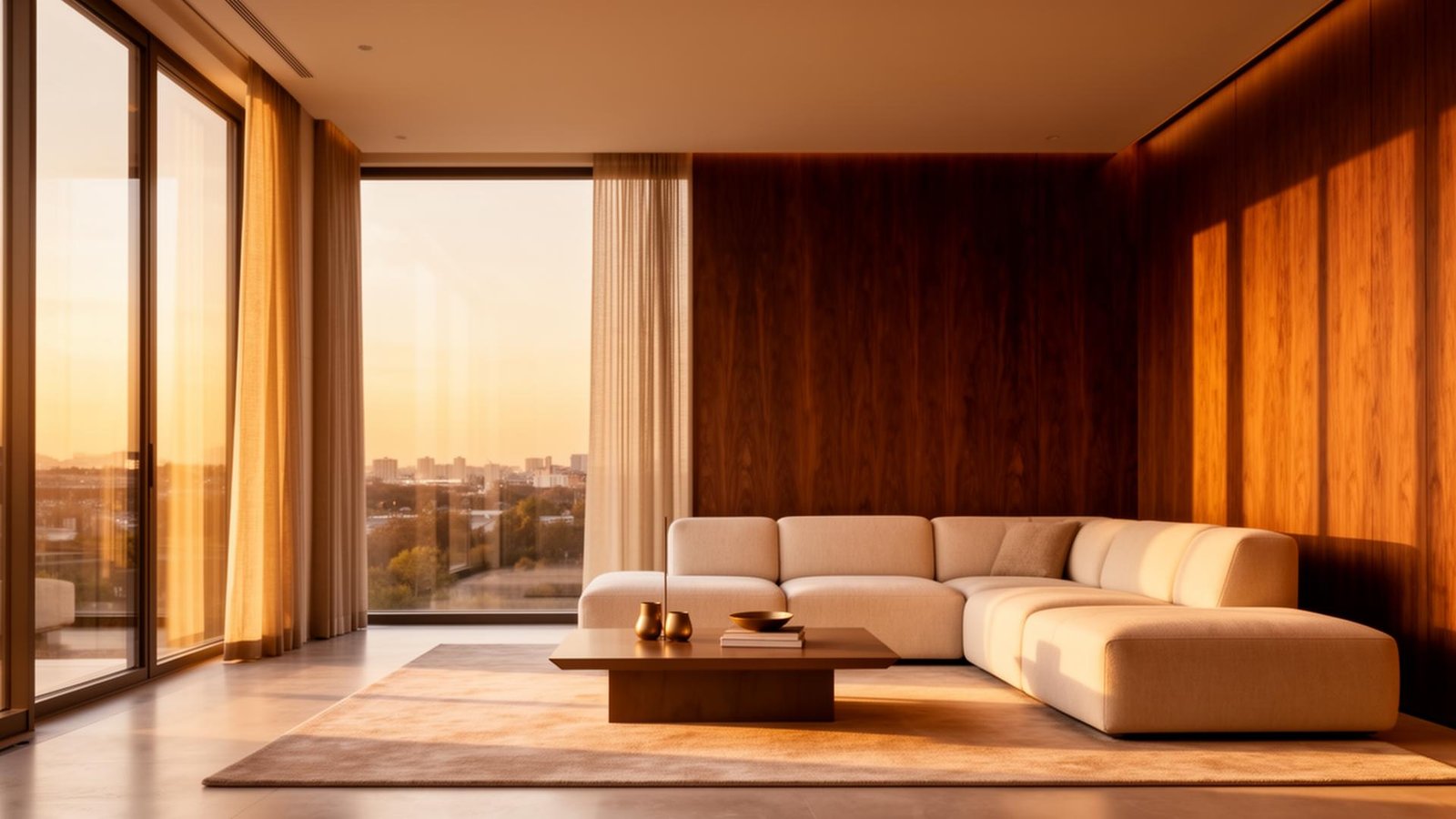 Luxury modern living room interior at golden hour