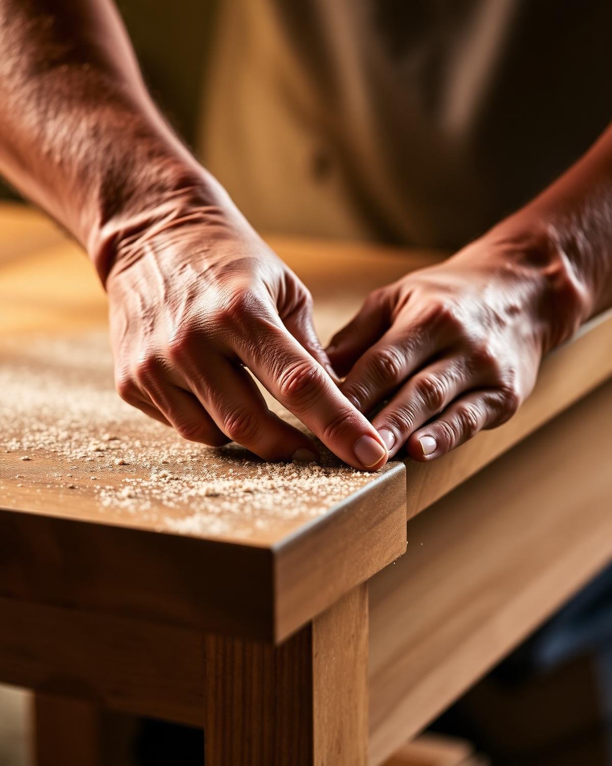 Craftsman hands working on premium wood furniture